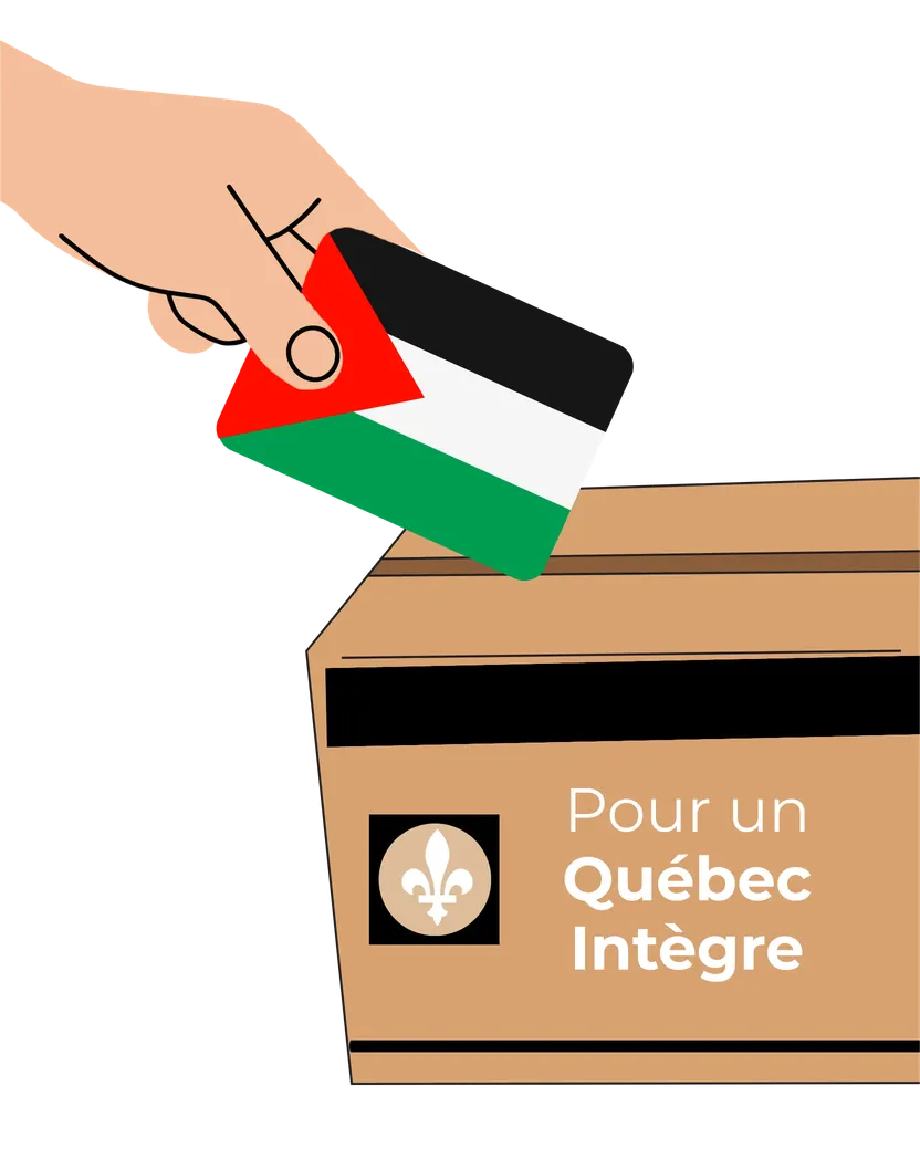 Une main dépose un bulletin aux couleurs du drapeau palestinien dans une urne portant « Pour un Québec intègre » et une fleur de lys